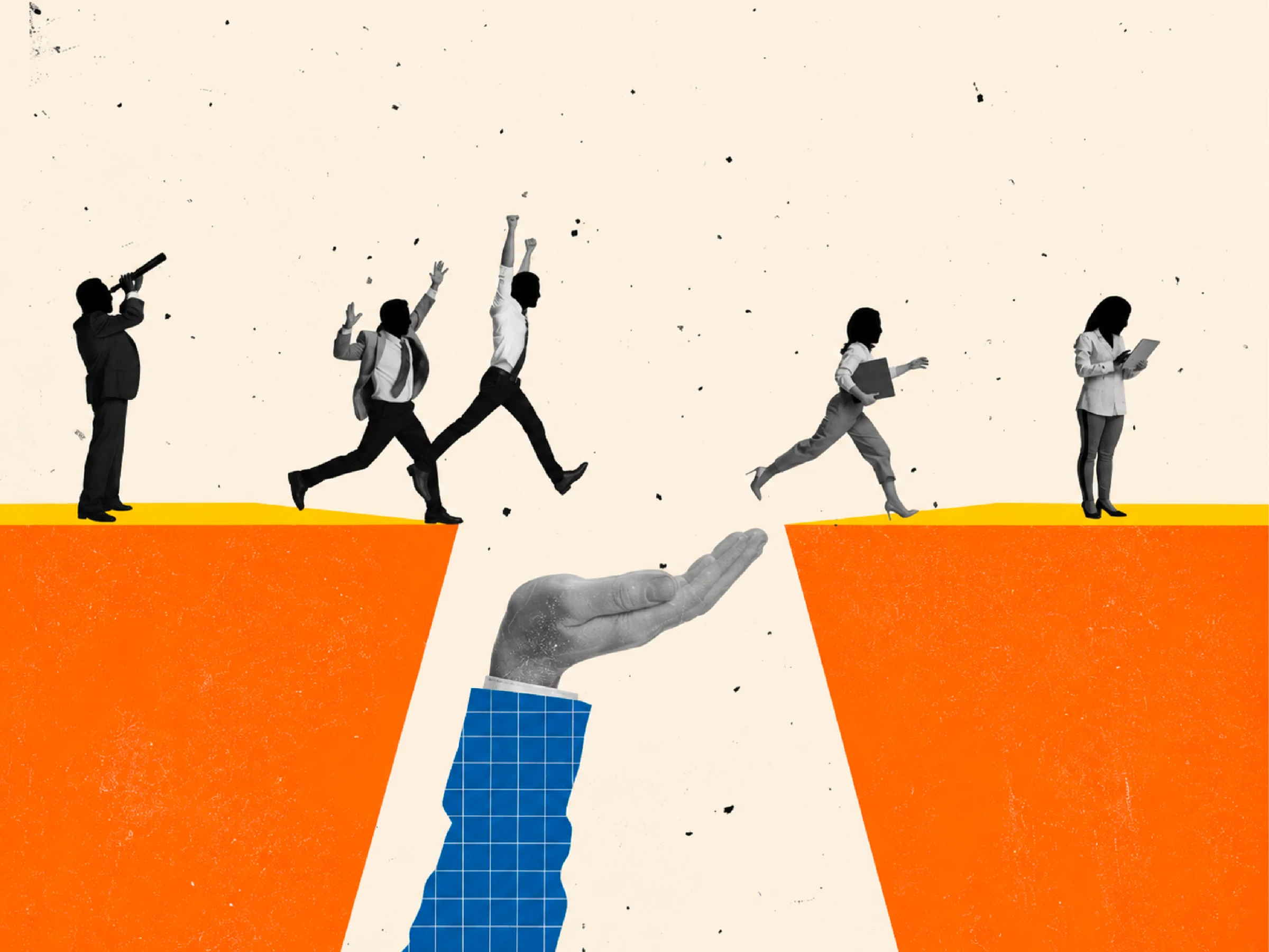 Public work editorial illustration showing people crossing a gap